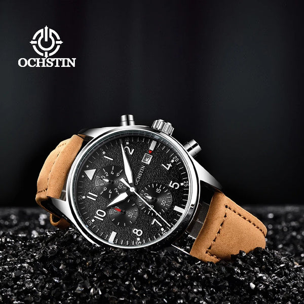 OCHSTIN Men’s Sports Watch – Waterproof Quartz, Calendar, Three-Eye Dial, Leather Strap, Fashion Casual