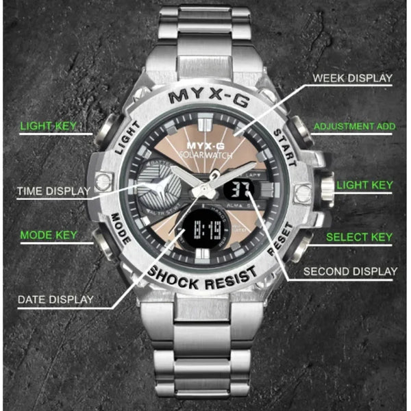 Men’s Eco Drive Watch – Solar + Motion Power, Windmill Dial
This solar-powered men's watch combines kinetic energy, alarm and timer functions, and a unique rotating windmill design—all housed in a durable all-steel body