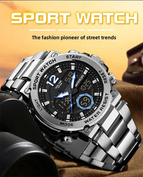 Solar-Powered Business Watch – Dual Display, Steel Band, Luminous Hands