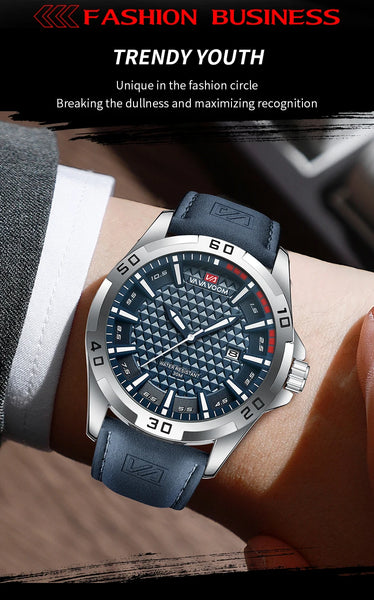 VA VA VOOM Men's Sport Quartz Watch – Military Style, Calendar, Waterproof, Leather