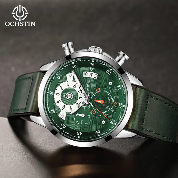 OCHSTIN Men’s Quartz Watch – Waterproof, Leather-Covered Rubber Strap, Classic Casual Wristwatch