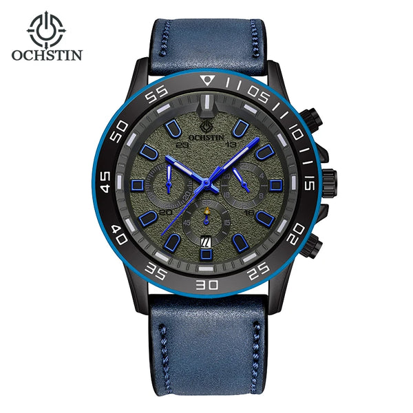 OCHSTIN Men’s Quartz Watch – Waterproof, Leather Strap, 24-Hour Display, Multifunction Classic Wristwatch