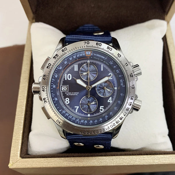 Men's Chronograph Watch – Blue Camouflage Dial, Yellow Accents, Luminous Hands, Leather Canvas Strap, Multifunction Movement