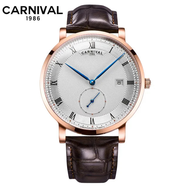 Carnival Men’s Luxury Watch – Automatic Mechanical, Waterproof, Rose Gold/Silver, Calendar