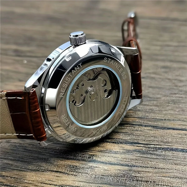 High-End Men’s Watch – Skeleton Dial, Automatic Movement, Leather Band, Business Style, No Battery Needed