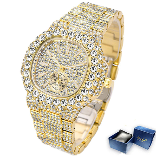 MISSFOX Men's Iced Out Watch – 18K Gold, Full Diamond, Auto Date, Waterproof
