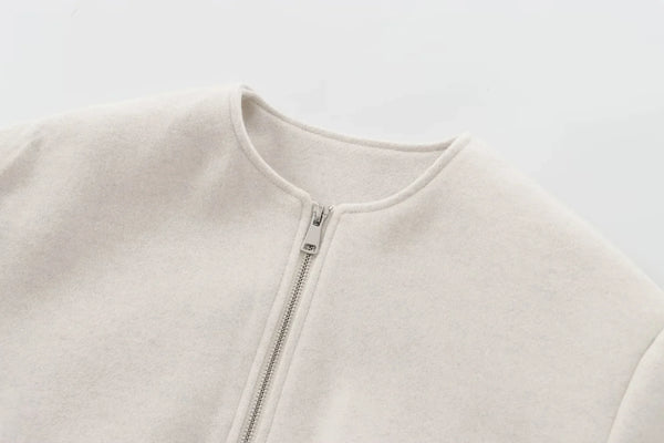 HXAO Women's Cropped Bomber Jacket – Faux Wool Zip-Up Coat, Long Sleeve Autumn/Winter Outerwear in Gray & Beige