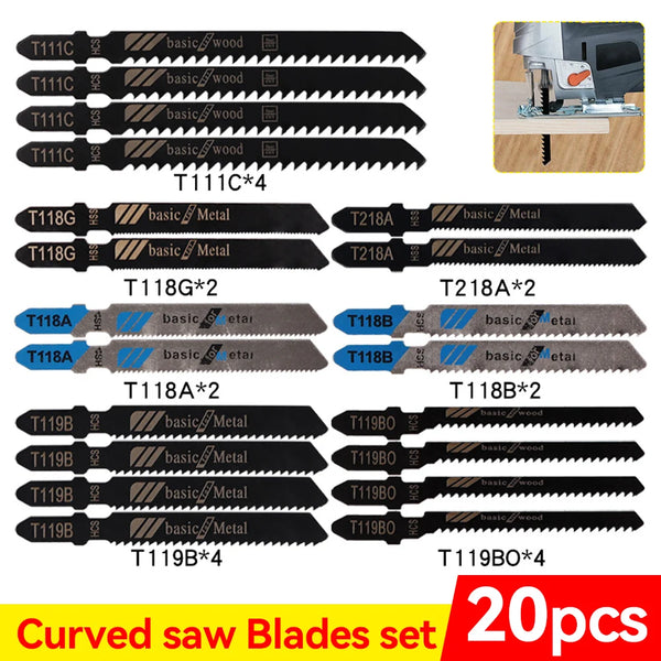 20Pcs Jigsaw Blades T-Shaft HCS Assorted Jigsaw Blades Set Fast Cut Down Saw Blade For Wood Plastic And Metal Cutting Tools