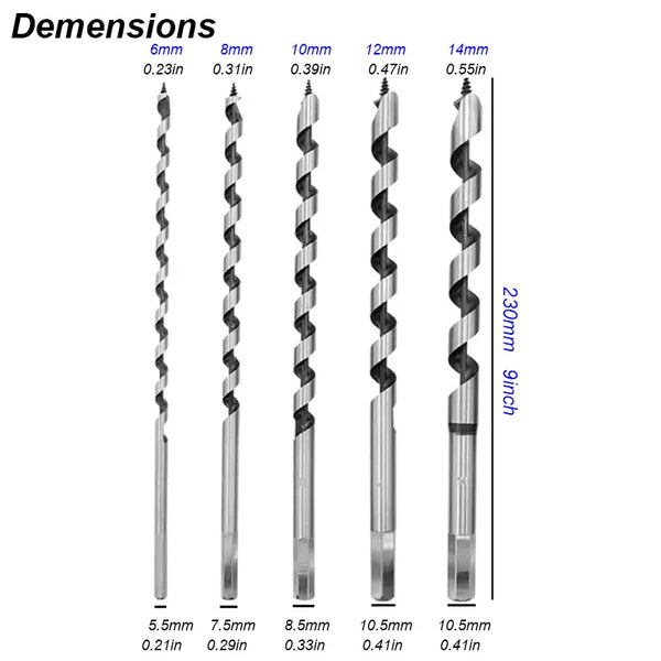 Extra Long Auger Drill Bit Set – Brad Point, Hex Shank, Deep Hole Woodworking Tools