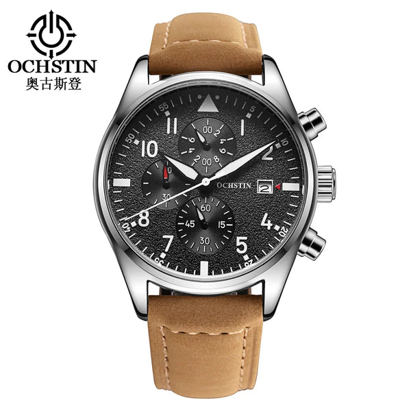 OCHSTIN Men’s Sports Watch – Waterproof Quartz, Calendar, Three-Eye Dial, Leather Strap, Fashion Casual