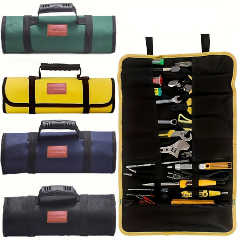 Canvas Roll Up Tool Bag, Multi-Purpose Tool Pouch with Zipped Compartments Heavy Duty Hanging Tool Organizer for Wrench Screwdriver