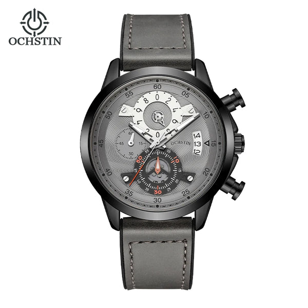 OCHSTIN Men’s Quartz Watch – Waterproof, Leather-Covered Rubber Strap, Classic Casual Wristwatch