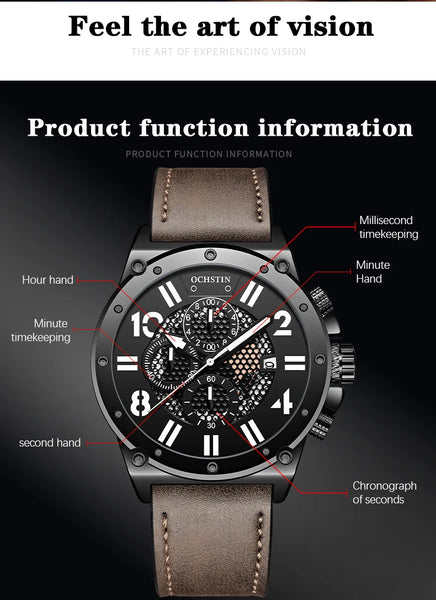 OCHSTIN Men’s Quartz Watch – Waterproof, Leather Strap, Luminous Hands, Multifunction Chronograph
