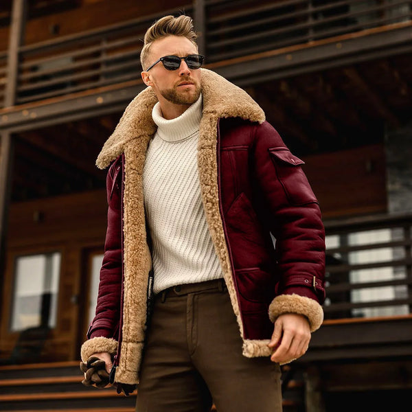 Men’s Leather Bomber Jacket – Fleece-Lined, Fur Lapel Collar, Warm Winter Coat, Plus Size Pilot Style