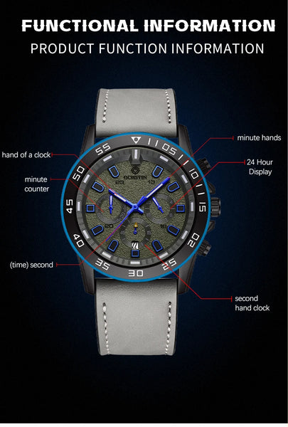 OCHSTIN Men’s Quartz Watch – Waterproof, Leather Strap, 24-Hour Display, Multifunction Classic Wristwatch