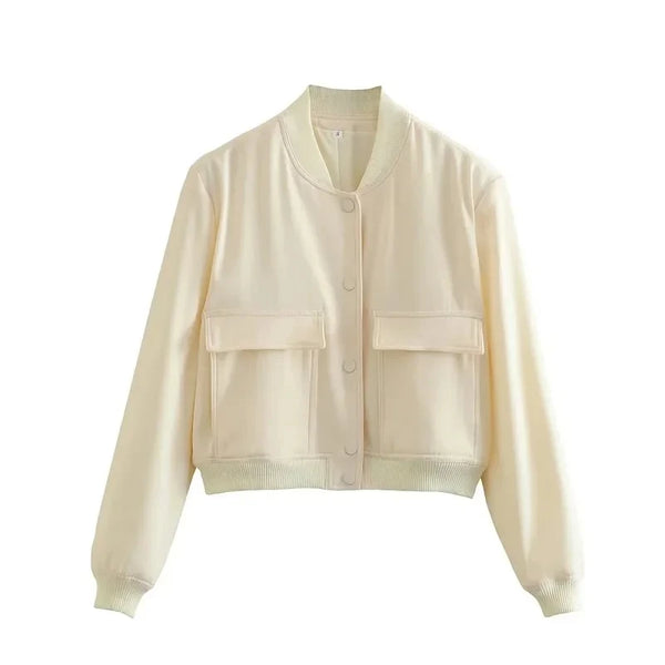 Women's White Cropped Bomber Jacket – Button-Up Baseball Aviator Style, Long Sleeve Autumn/Winter Coat
