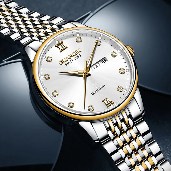 GUANQIN Men's Luxury Quartz Watch – Dual-Language Date, Waterproof, Luminous
