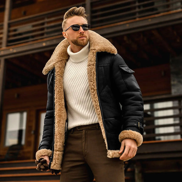 Men’s Leather Bomber Jacket – Fleece-Lined, Fur Lapel Collar, Warm Winter Coat, Plus Size Pilot Style
