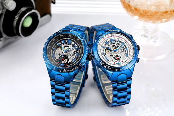 2024 Blue Dial Stainless Steel Skeleton Mechanical Automatic Watch Military Waterproof Male Wrist Watches High End Luxury