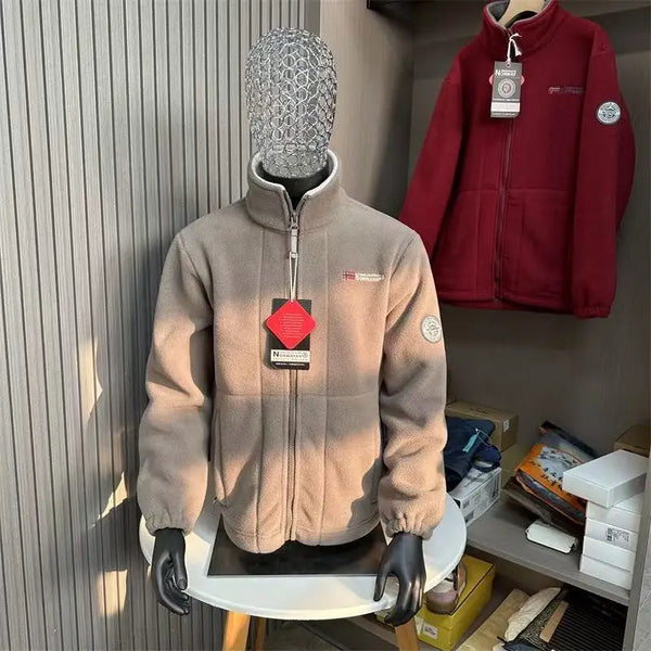 Norway Men’s Winter Fleece Jacket Coat – Thick Warm Casual Zip-Up, Stand Collar, Ameika Style