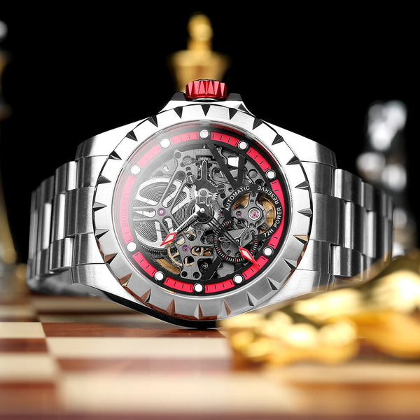 Boderry Windmill Men's Skeleton Watch – Automatic Mechanical Waterproof Sports Wristwatch, Stylish Fashion Timepiece