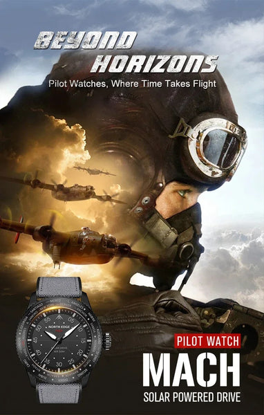 NORTH EDGE MACH 2024 Pilot Watch – Solar Powered, Dual Time, Waterproof