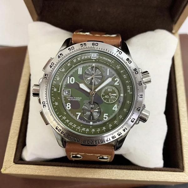 Men's Chronograph Watch – Blue Camouflage Dial, Yellow Accents, Luminous Hands, Leather Canvas Strap, Multifunction Movement