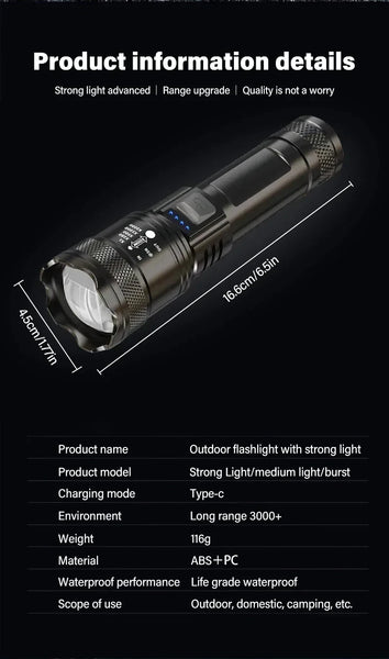 5000LM Powerful P70 Led Flashlights Ultra Bright Tactical Light Emergency Spotlights Telescopic Zoom Light Built-in Battery