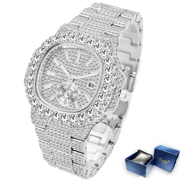 MISSFOX Men's Iced Out Watch – 18K Gold, Full Diamond, Auto Date, Waterproof