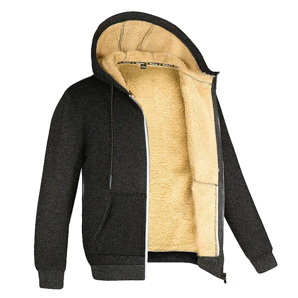 Unisex Winter Lambswool Hoodie Jacket – Thick Warm Fleece, Zipper, Black, Casual Coat