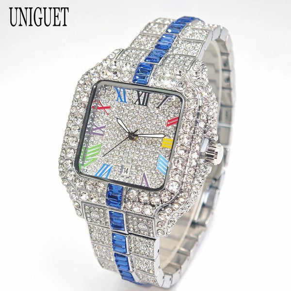 2025 Men's Luxury Watch – Rainbow Dial, Diamond Bling, Waterproof, Hip Hop Style