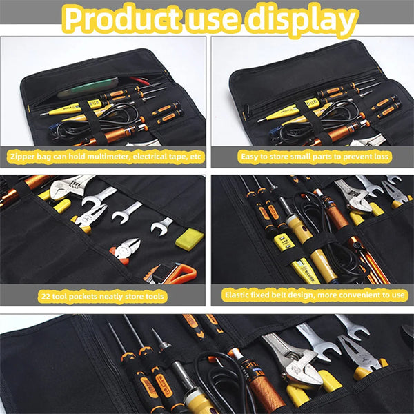 Canvas Roll Up Tool Bag, Multi-Purpose Tool Pouch with Zipped Compartments Heavy Duty Hanging Tool Organizer for Wrench Screwdriver