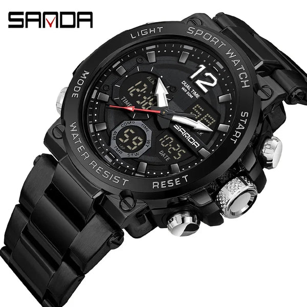 Solar-Powered Business Watch – Dual Display, Steel Band, Luminous Hands