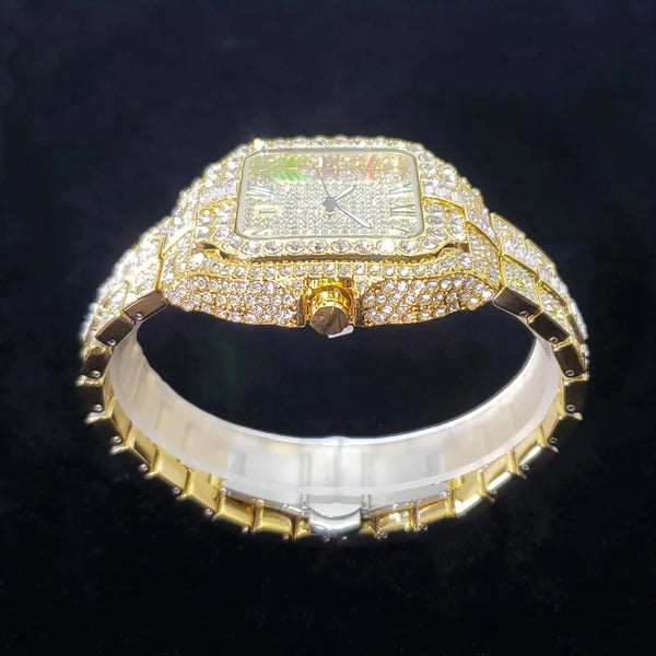 2025 Men's Iced Out Watch – Square, Diamond Bling, Colorful Numbers, Hip Hop Style