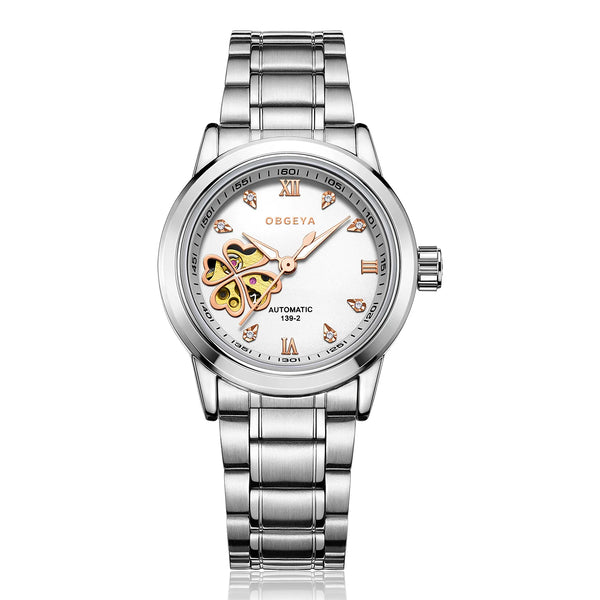 Women's Automatic Watch – Diamond Four-Leaf Clover Dial, Rose Leather Strap, Waterproof, Mechanical Luxury Wristwatch