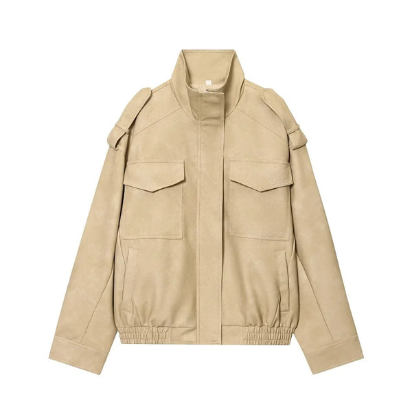 Women's Oversized Suede Bomber Jacket – Zip Up, Demi-Season, Winter Outerwear