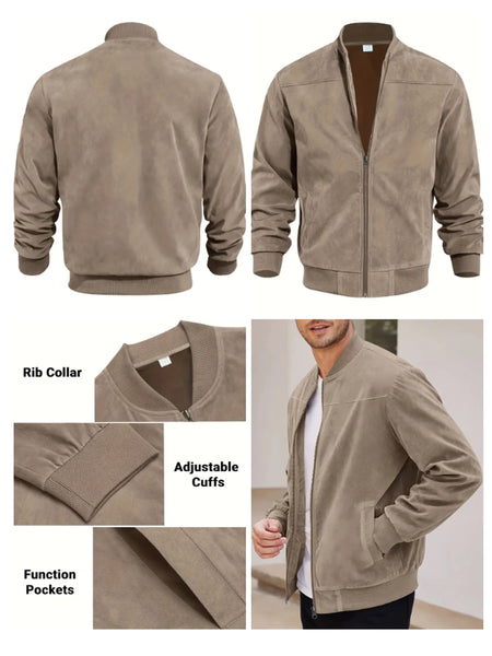 Men's Suede Bomber Jacket – Solid Color, Round Neck, Zipper Closure, Casual Sport & Golf Outerwear