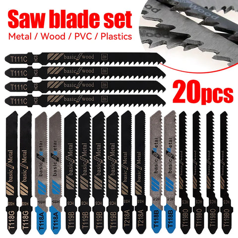 20Pcs Jigsaw Blades T-Shaft HCS Assorted Jigsaw Blades Set Fast Cut Down Saw Blade For Wood Plastic And Metal Cutting Tools