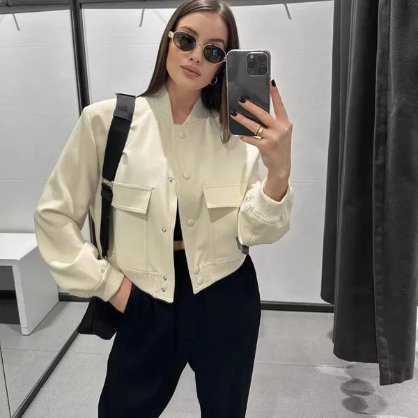 Women's White Cropped Bomber Jacket – Button-Up Baseball Aviator Style, Long Sleeve Autumn/Winter Coat