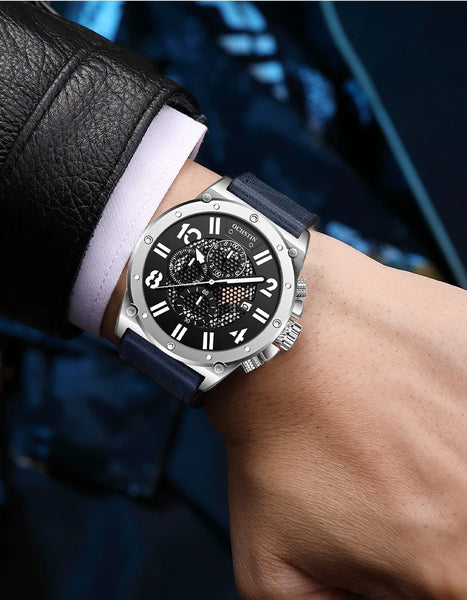 OCHSTIN Men’s Quartz Watch – Waterproof, Leather Strap, Luminous Hands, Multifunction Chronograph