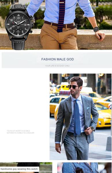 OCHSTIN Men’s Sports Watch – Waterproof Quartz, Calendar, Three-Eye Dial, Leather Strap, Fashion Casual