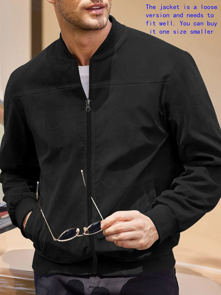 Men's Suede Bomber Jacket – Solid Color, Round Neck, Zipper Closure, Casual Sport & Golf Outerwear