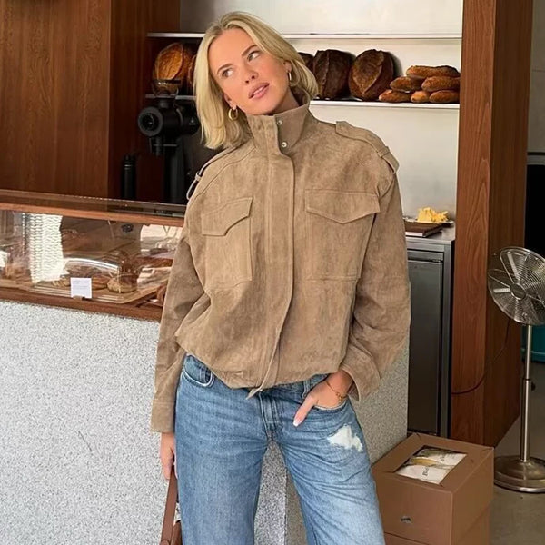 Women's Oversized Suede Bomber Jacket – Zip Up, Demi-Season, Winter Outerwear