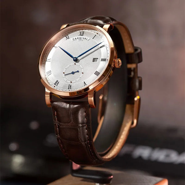 Carnival Men’s Luxury Watch – Automatic Mechanical, Waterproof, Rose Gold/Silver, Calendar