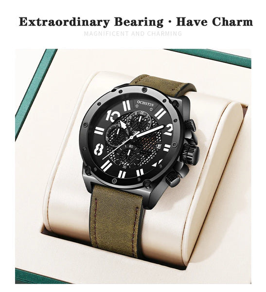 OCHSTIN Men’s Quartz Watch – Waterproof, Leather Strap, Luminous Hands, Multifunction Chronograph