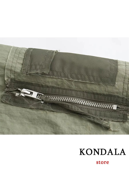 Women's Oversized Army Green Bomber Jacket – Streetwear Patchwork Style with Zipper Pockets, 2025 Fall/Winter Fashion