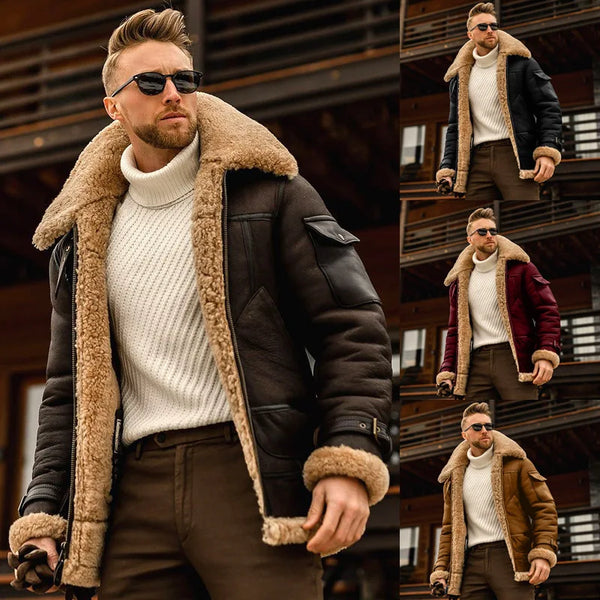 Men’s Leather Bomber Jacket – Fleece-Lined, Fur Lapel Collar, Warm Winter Coat, Plus Size Pilot Style