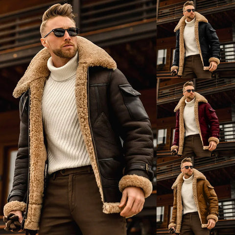 Men’s Leather Bomber Jacket – Fleece-Lined, Fur Lapel Collar, Warm Winter Coat, Plus Size Pilot Style