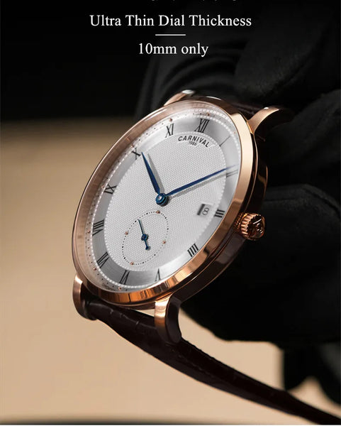 Carnival Men’s Luxury Watch – Automatic Mechanical, Waterproof, Rose Gold/Silver, Calendar