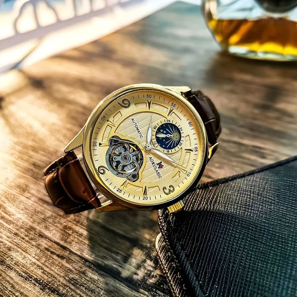 High-End Men’s Watch – Skeleton Dial, Automatic Movement, Leather Band, Business Style, No Battery Needed